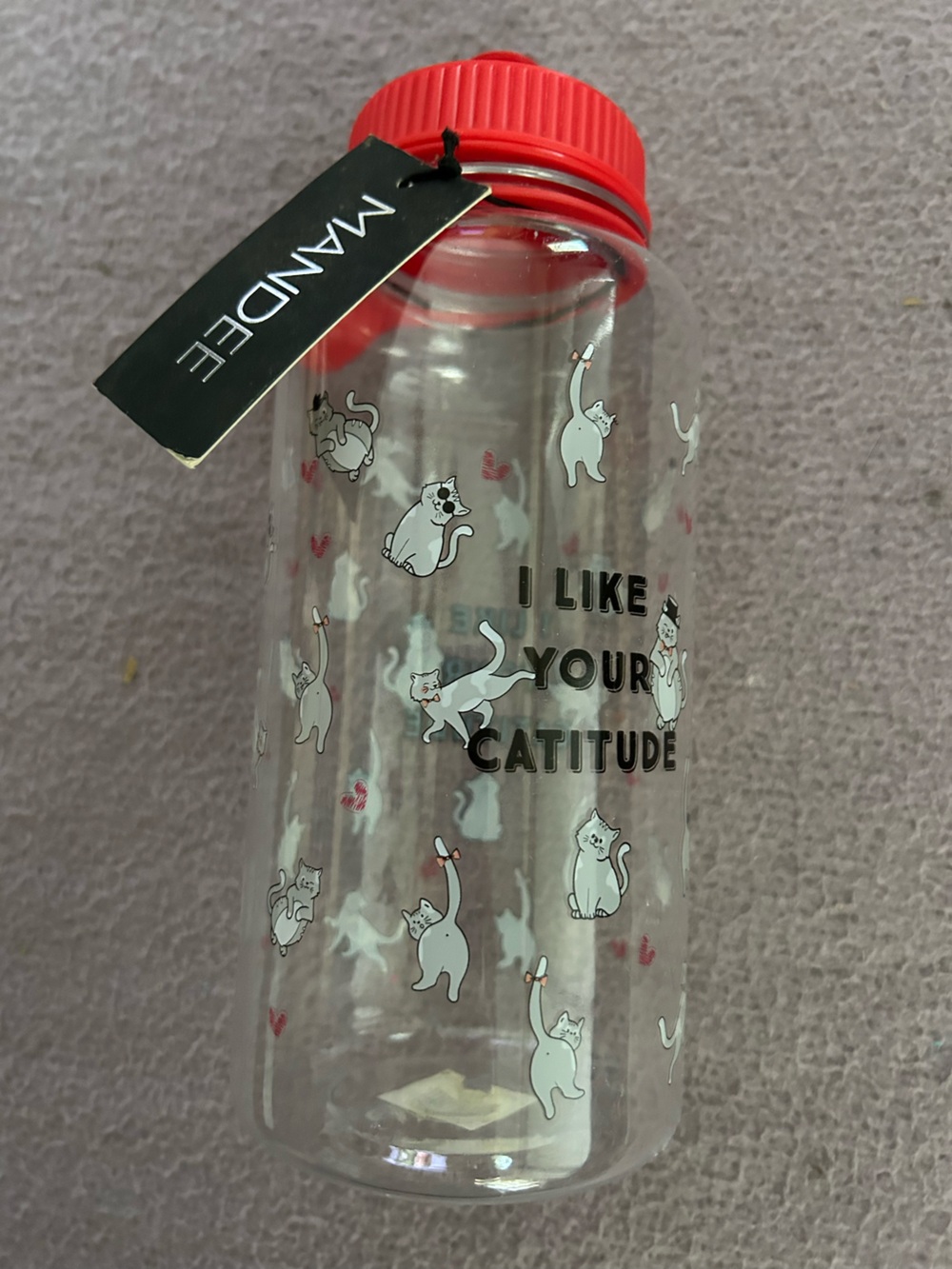 Clear Cat-Print Water Bottle with Red Lid - "I Like Your Catitude"NWT
